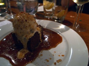 Sticky ginger pudding, salted pecan and caramel ice cream